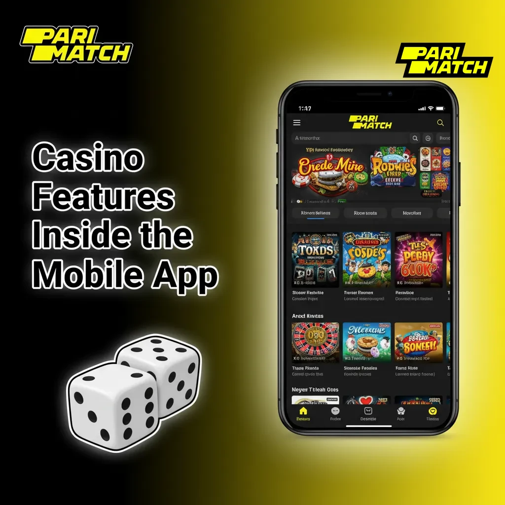 Mobile app screen showing casino and live casino: slots, Blackjack, Roulette, Baccarat, with promos and popular live events.