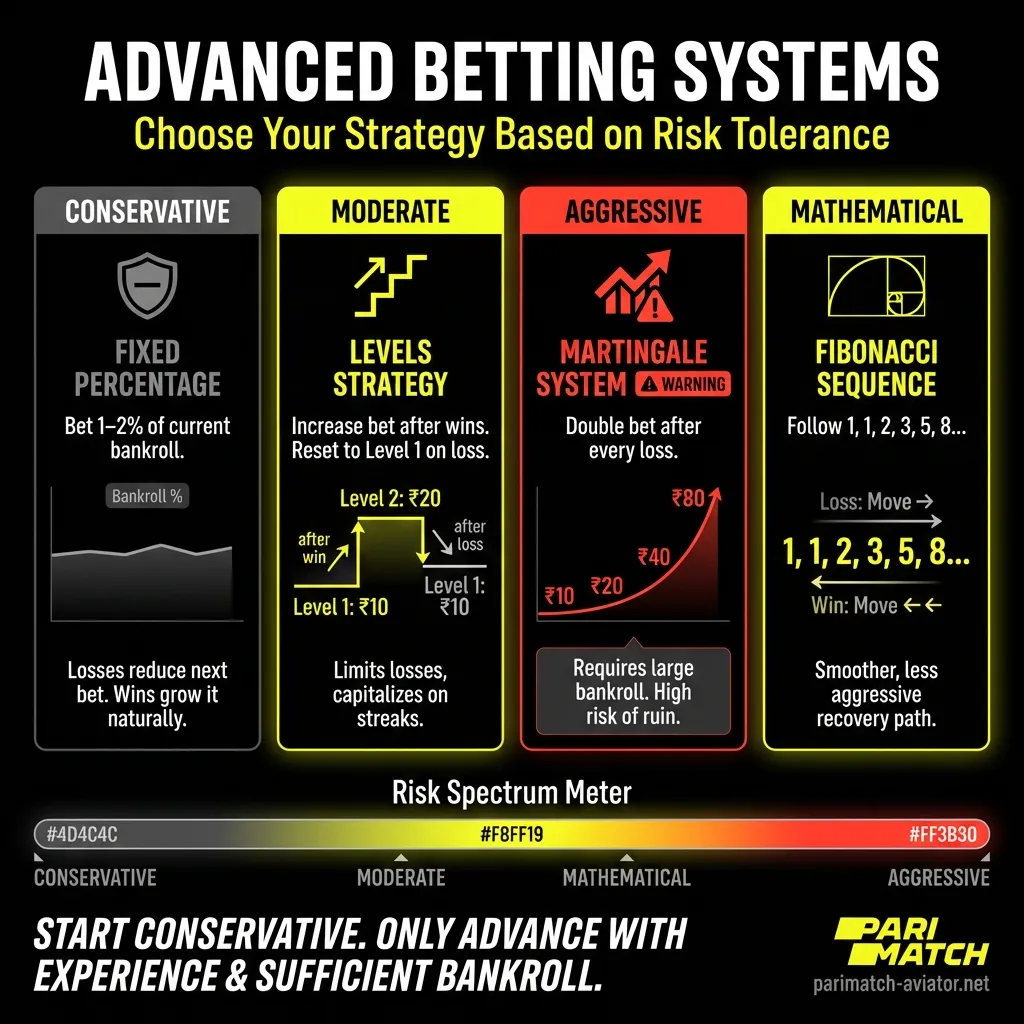 How to apply fixed percentage, Martingale, and Fibonacci systems in Aviator