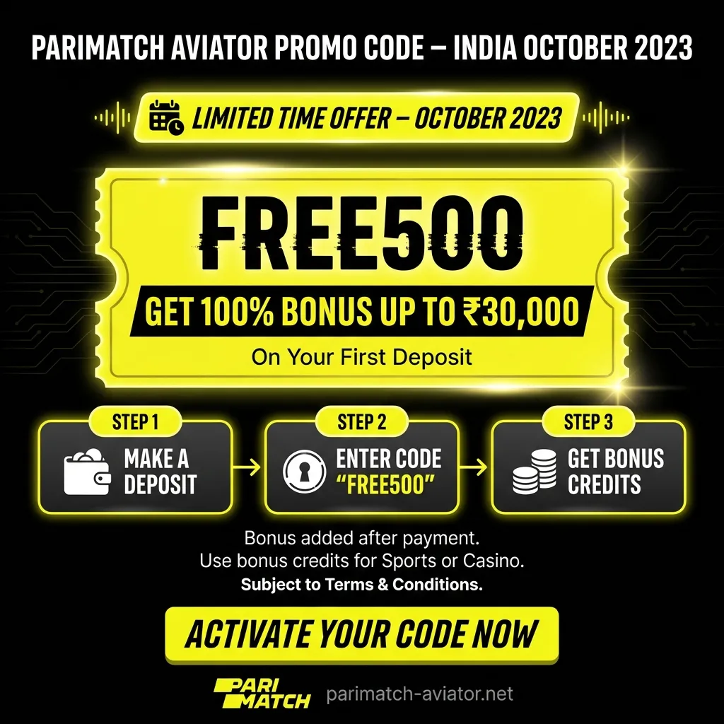 Parimatch Aviator promo code FREE500 for 100% bonus up to INR 30,000 in India