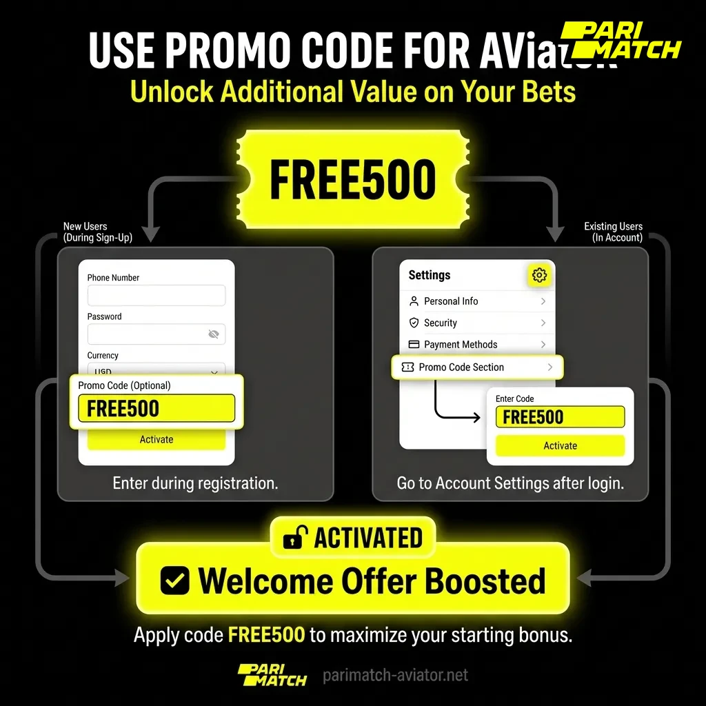 Use promo code FREE500 for Aviator Parimatch to boost your welcome bonus