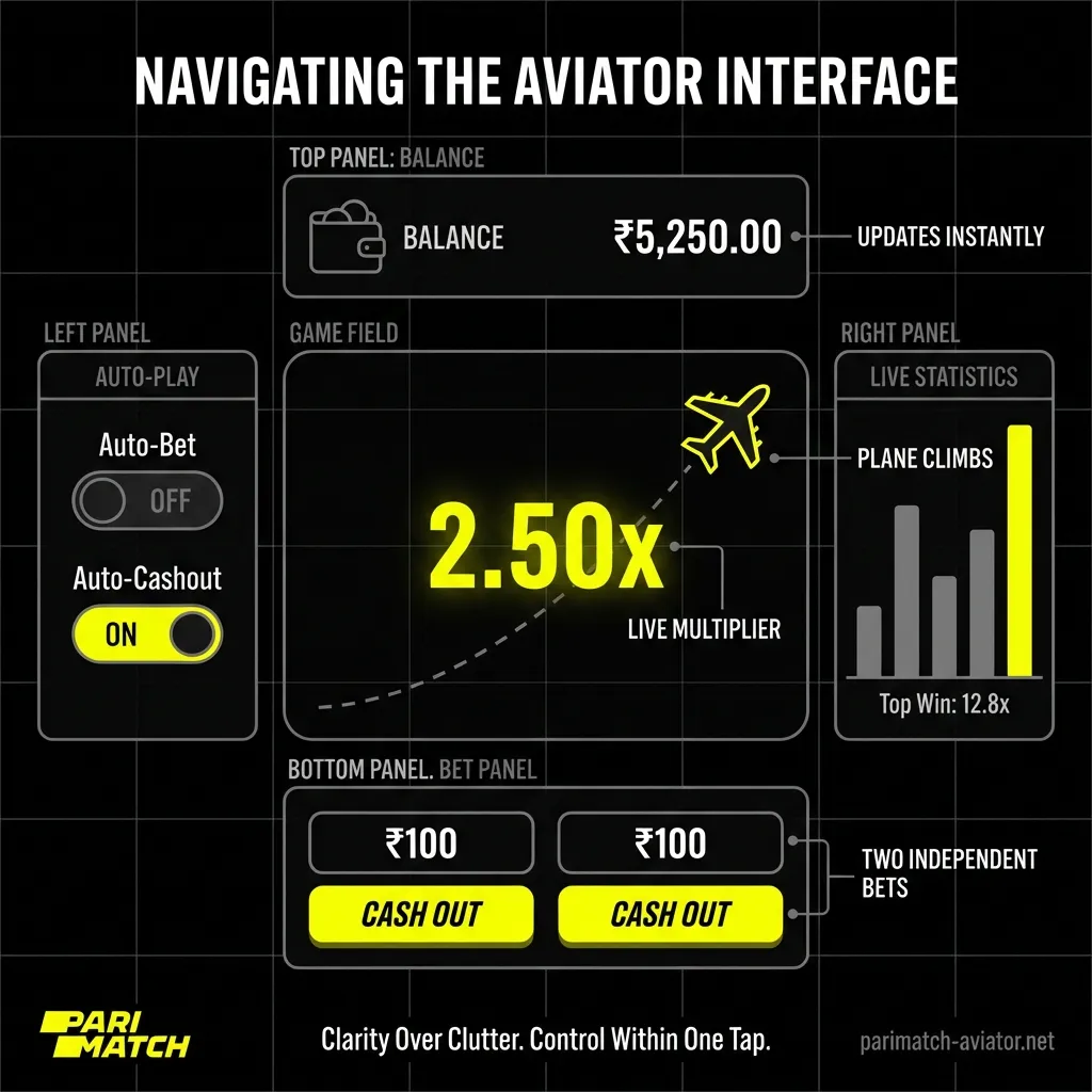Guide to Aviator game interface - bet panel, auto-play, and statistics on desktop