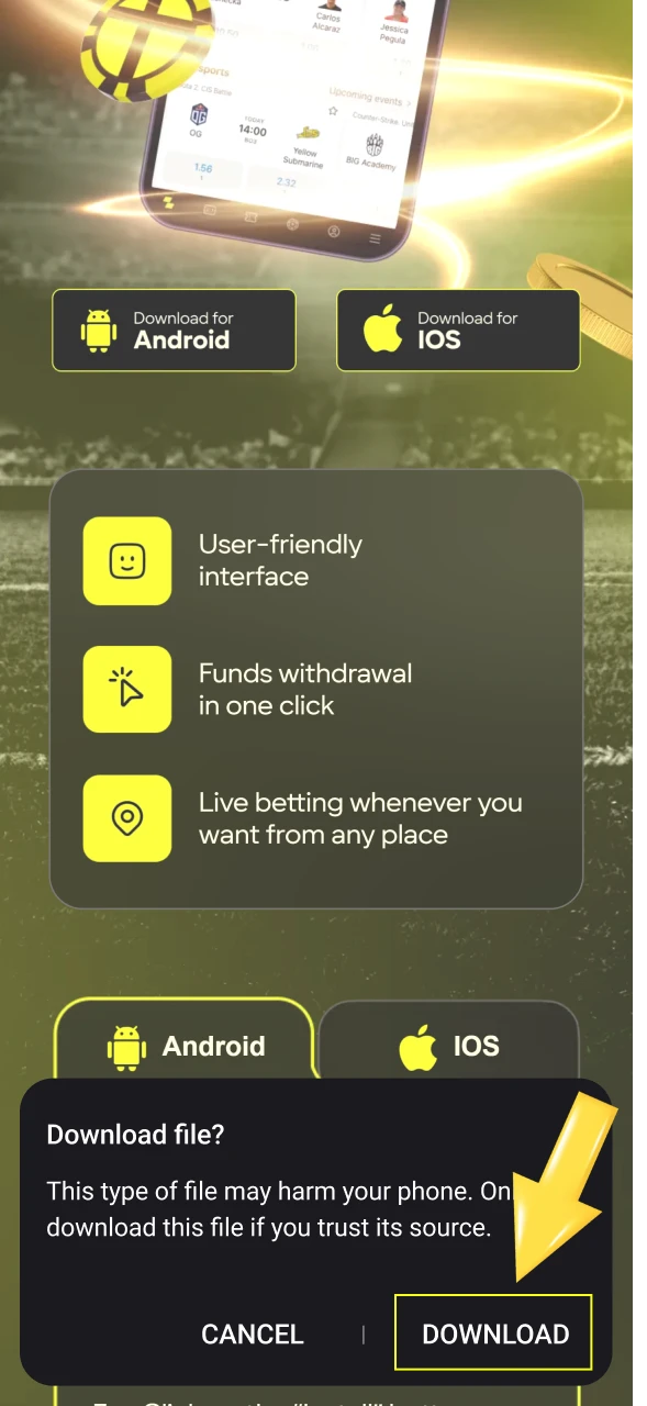 Confirm the Download Pop‑Up in your mobile browser to begin saving the Parimatch installer.