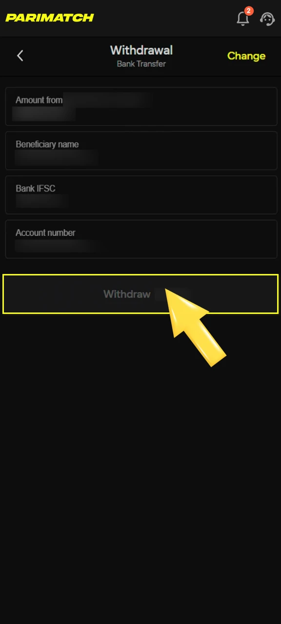 Confirm and track your transaction status in the withdrawal history section of the Parimatch platform.
