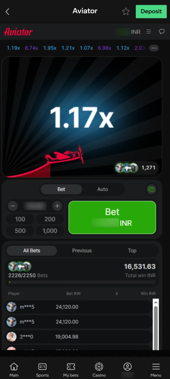 Launch the game by finding Aviator in the Instant Games section and start your flight.