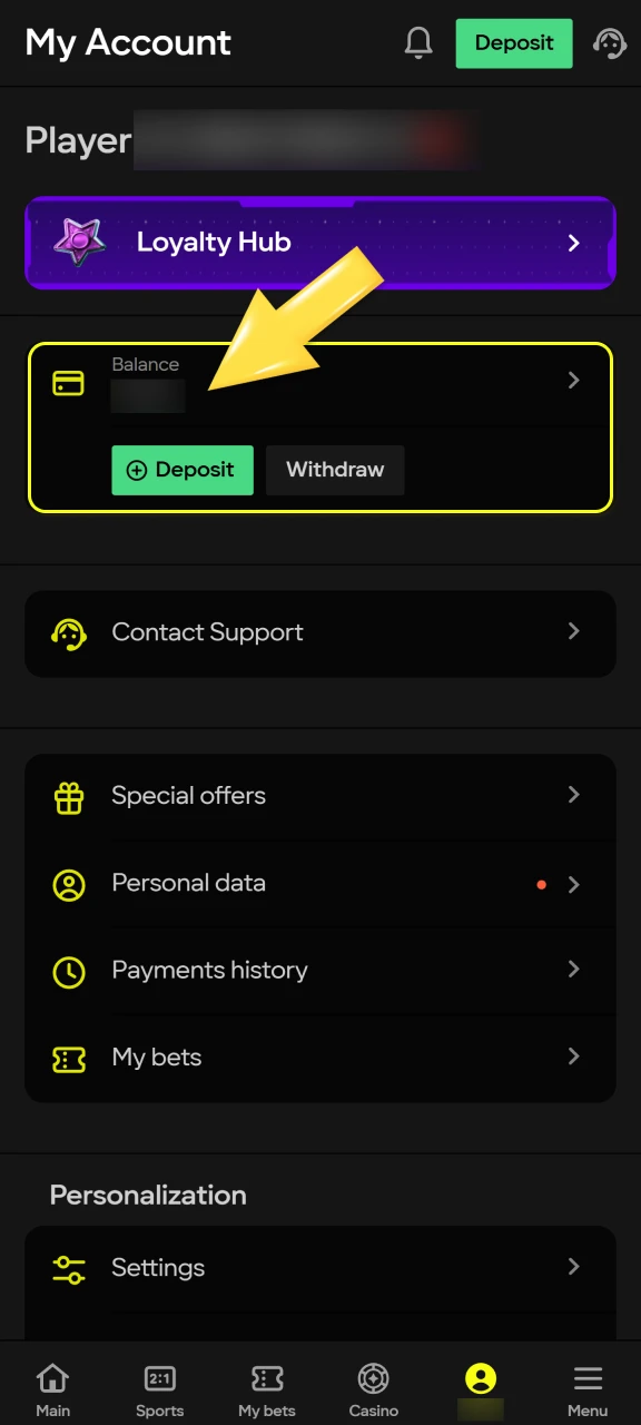 Return and confirm balance on the Parimatch app to see your newly added funds ready for betting.
