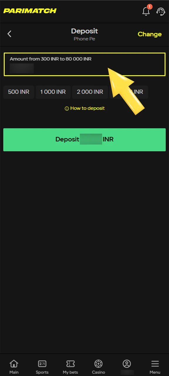 Enter the amount and payment details required for your transaction to fund your Parimatch wallet.