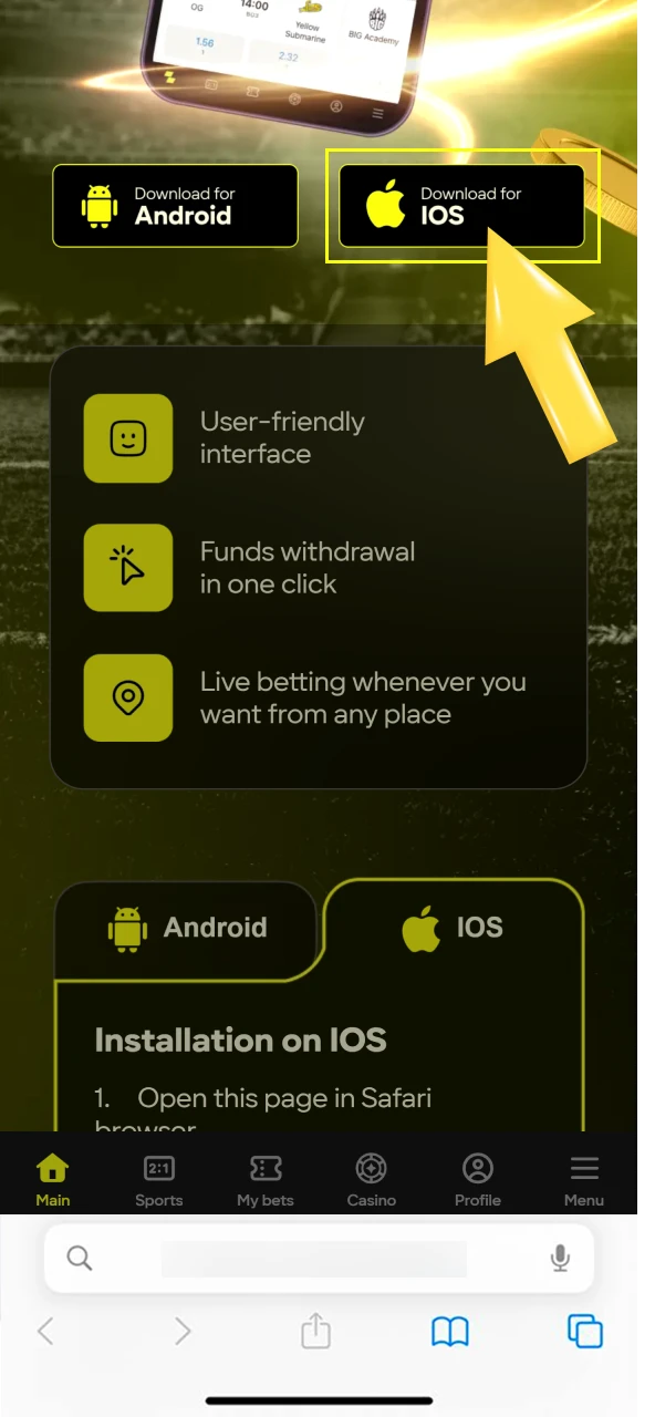 Tap the download for iOS button to navigate to the installation guidelines for the Parimatch web app.