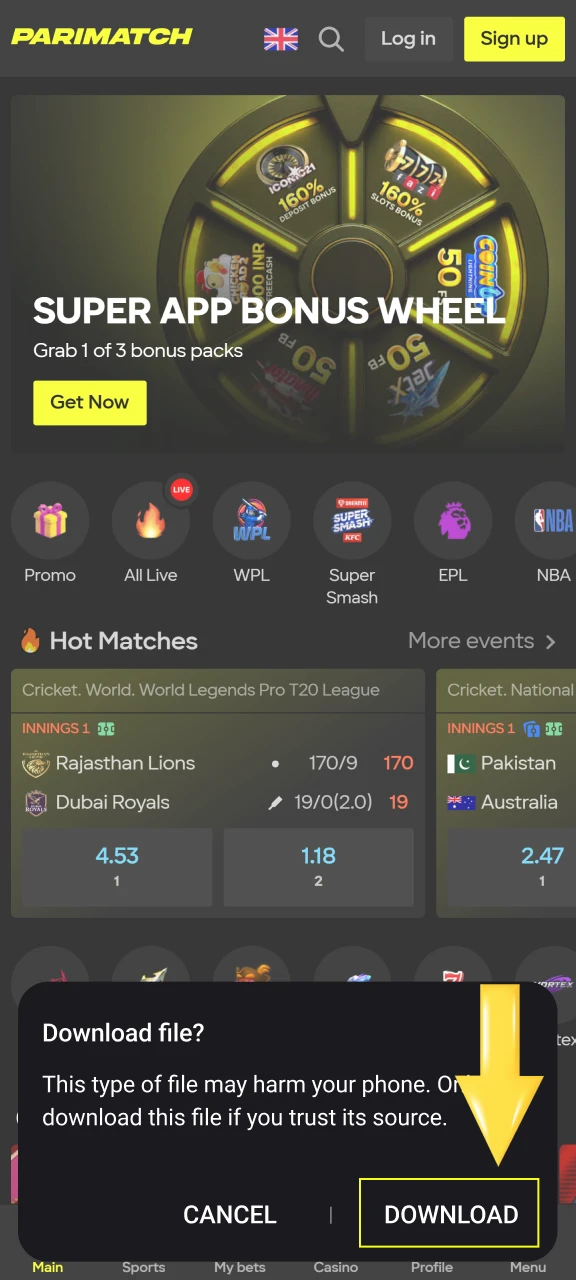 Install the app by downloading the Parimatch APK or iOS version for India.