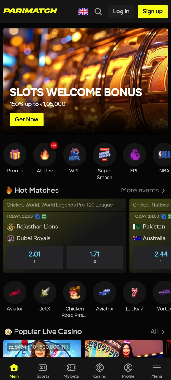 Open the App on your smartphone to access the Parimatch mobile interface in India.