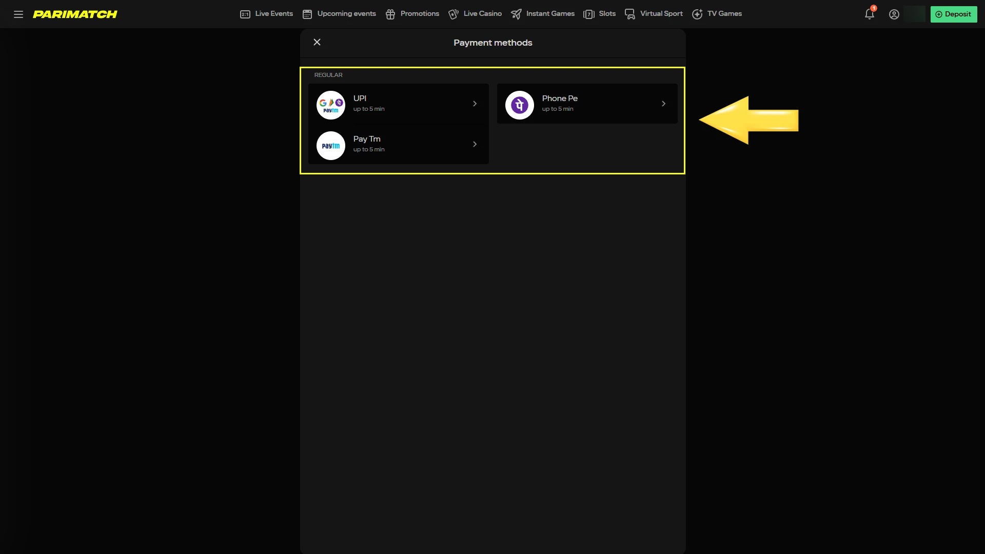 Top up an account by visiting the deposit section to prepare for your first game.