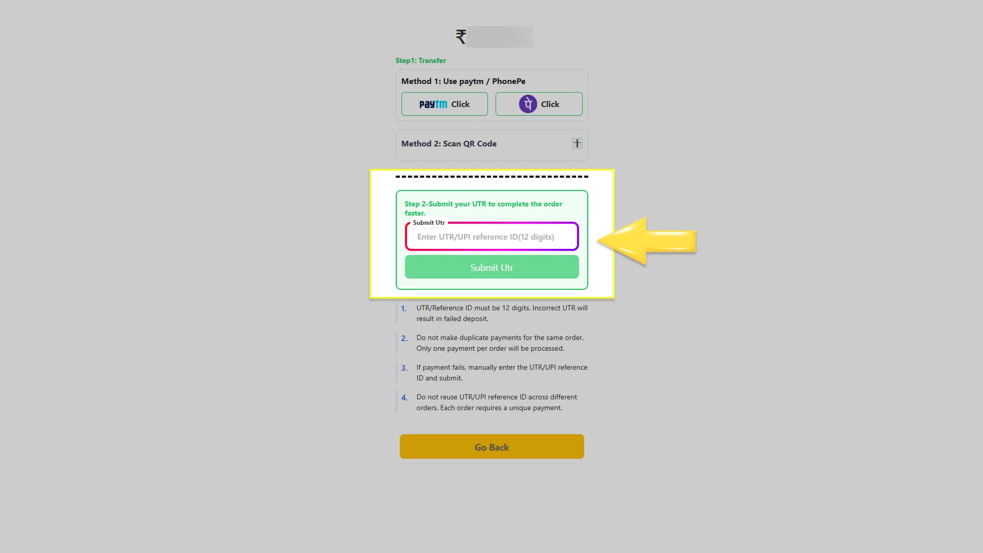 Specify Transfer and Payment Details using your preferred Indian payment method like UPI or NetBanking.